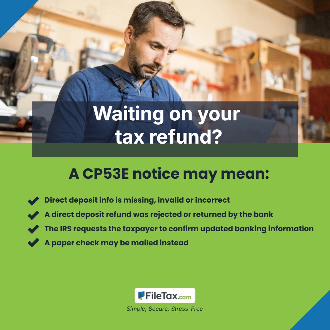 filetaxcom's tweet photo. Some taxpayers are receiving IRS CP53E notices tied to refund delivery issues.
This can happen when:
• Direct deposit info is missing or invalid
• Refunds can’t be electronically deposited
• Updated banking info is needed

💬 Have you heard about CP53E notices yet? https://t.co/3TgES0sPhI