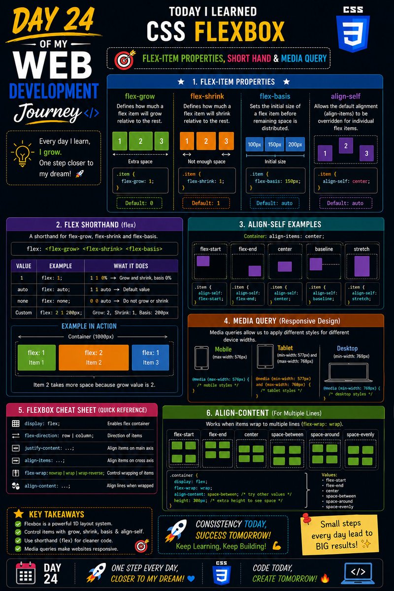 ArpitKumar4527's tweet photo. Day 24 of my Web Development Journey 🚀
Today I learned Flexbox item properties like flex-grow, flex-shrink, flex-basis, align-self, shorthand notation, and also explored CSS Media Queries for responsive design. 📱💻
COMPLETED Lecture 11:✅
#CSS #Flexbox #MediaQueries https://t.co/E3FxYgCcW0