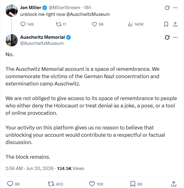 jessesingal's tweet photo. "Honey, what are you doing in there?"

"...nothing."

"It's dinner -- please come join us."

"..."

"Are you picking fights with the Auschwitz Memorial again?"

"...no." https://t.co/YnMRsMpTYf