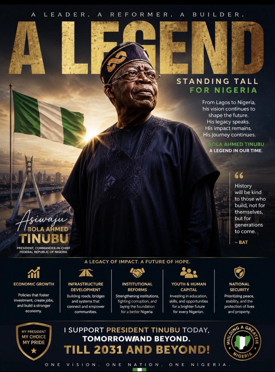 Tonybrainy's tweet photo. I grew up hating Governor Bola Ahmed Tinubu. Like many young Nigerians, I judged him based on the narratives I heard around me and his policies as naive teen.

But as I grew older, I decided to study the man, his policies, and his impact. What I found changed my perspective completely.

Lagos today remains the economic powerhouse of Nigeria largely because of the foundations laid during Tinubu’s administration and the institutions he helped build. Successive governments have continued to benefit from structures and reforms that were put in place years ago.

That realization is what made me support him in 2023, and it is why I will continue to support him as President until 2031.

I have no other niche on X. My niche is simple, promoting the achievements of President Bola Ahmed Tinubu and projecting a positive image of Nigeria. I believe in the vision, I believe in the reforms, and I believe the country is on the path to long term progress. 

GOD BLESS PRESIDENT BOLA TINUBU
GOD BLESS THE FEDERAL REPUBLIC OF NIGERIA
