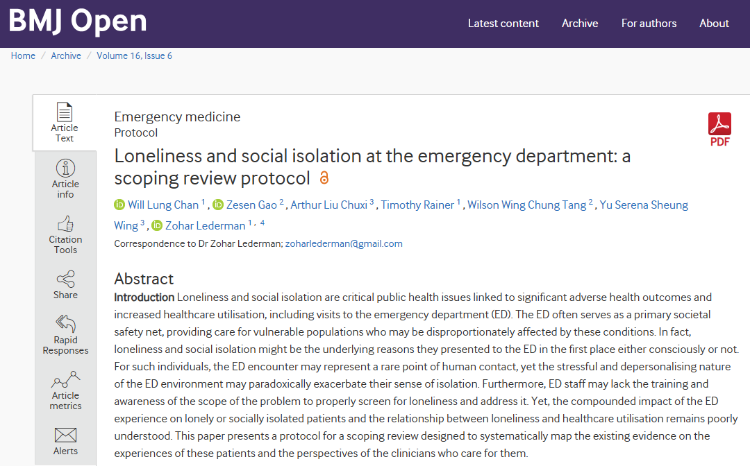 hku_mehu's tweet photo. Dr Zohar Lederman, together with colleagues from @HKUMed_EM, The University of Hong Kong Libraries, and two #MBBS students, Arthur Liu & Serena Yu, recently published a paper in @BMJ_Open.

The paper presents a protocol for an AI-facilitated scoping review that maps the existing evidence on the reasons for which lonely or socially isolated individuals are more likely to visit the Emergency Department (ED) or make repeat visits to the ED, the impact of the ED on patients experiencing loneliness and social isolation as well as the perspectives of ED clinical staff and patients on the ED’s role in managing these patients.

Read the article here:
Chan WL, Gao Z, Chuxi AL, et al Loneliness and social isolation at the emergency department: a scoping review protocol. BMJ Open 2026;16:e108972. 
https://t.co/iNBExMBvFF
(Open access)

@HKUCMEL @hkumed 

#Loneliness #SocialIsolation #ScopingReview