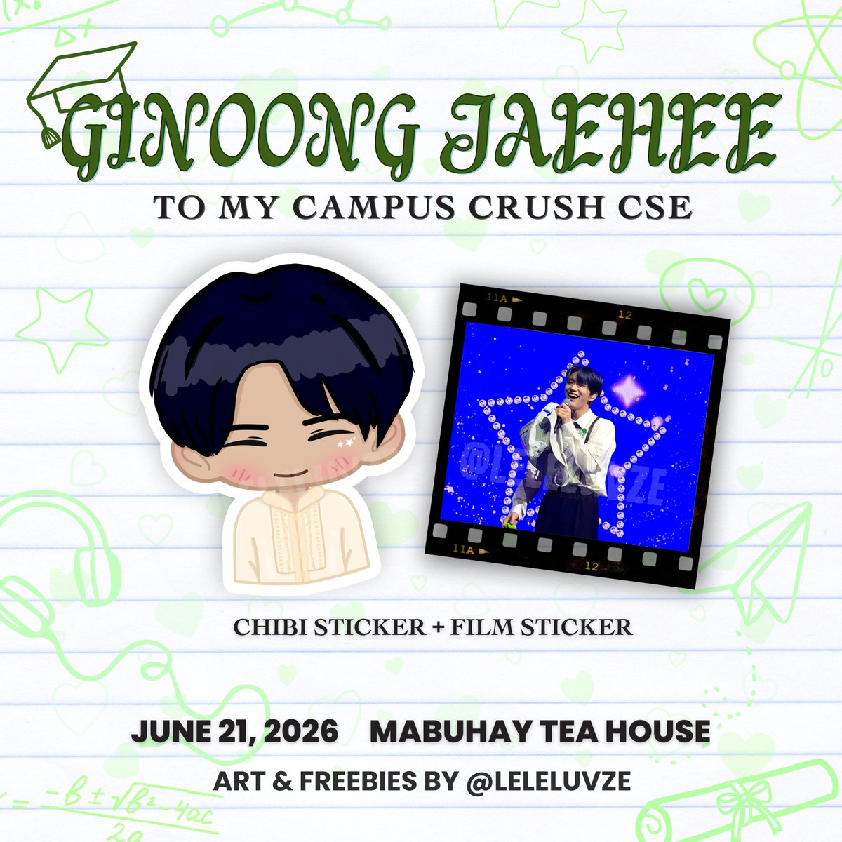 leleluvze's tweet photo. TO MY CAMPUS CRUSH, JAEHEE CSE

꒰ঌ Ginoong Jaehee Sticker Freebies ໒꒱
art &amp; freebies by @leleluvze

💌 like &amp; retweet
🎐 open for trade on d-day
🖇 limited quantity

📍 Mabuhay Tea House
🗓 June 21, 2026

Seeeee youuu!! 💚

#ToMyCampusCrushJaehee 📚 https://t.co/WqjRWJkjiB