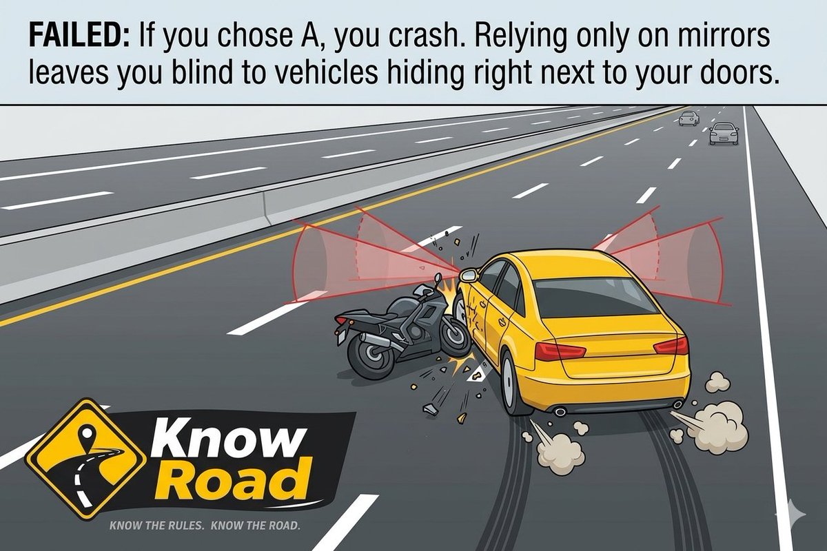 Know_RoadNG's tweet photo. The correct answer is to look over your shoulder! Here is why this test-prep rule actually prevents crashes:
​Every vehicle has a blind spot that mirrors simply cannot cover. It is large enough to easily hide a motorcycle or another car right next to you. https://t.co/3ljV5YyfVh