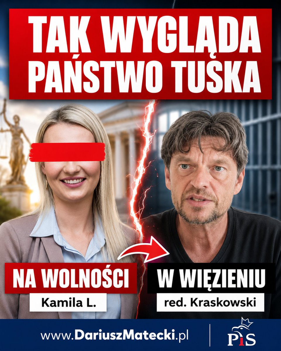 DariuszMatecki's tweet photo. Tak wygląda „praworządność” i sprawiedliwość w wydaniu Donalda Tuska! 🛑 Z jednej strony mamy byłą działaczkę Platformy Obywatelskiej z Kłodzka, Kamilę L., odpowiedzialną za potworne przestępstwo przeciwko własnemu dziecku. I co? Chodzi na wolności! Z drugiej strony niezależny dziennikarz śledczy red. Leszek Kraskowski, który ujawniał niewygodne fakty ws. Giertycha, zostaje zamknięty w areszcie na bazie FIKCYJNYCH zarzutów! 🤬 

Czy to jest normalne państwo?! Państwo Tuska chroni swoich, a niszczy tych, którzy patrzą władzy na ręce! 
Podajcie to dalej, niech cała Polska zobaczy tę patologię! 🇵🇱 Udostępniajcie masowo!