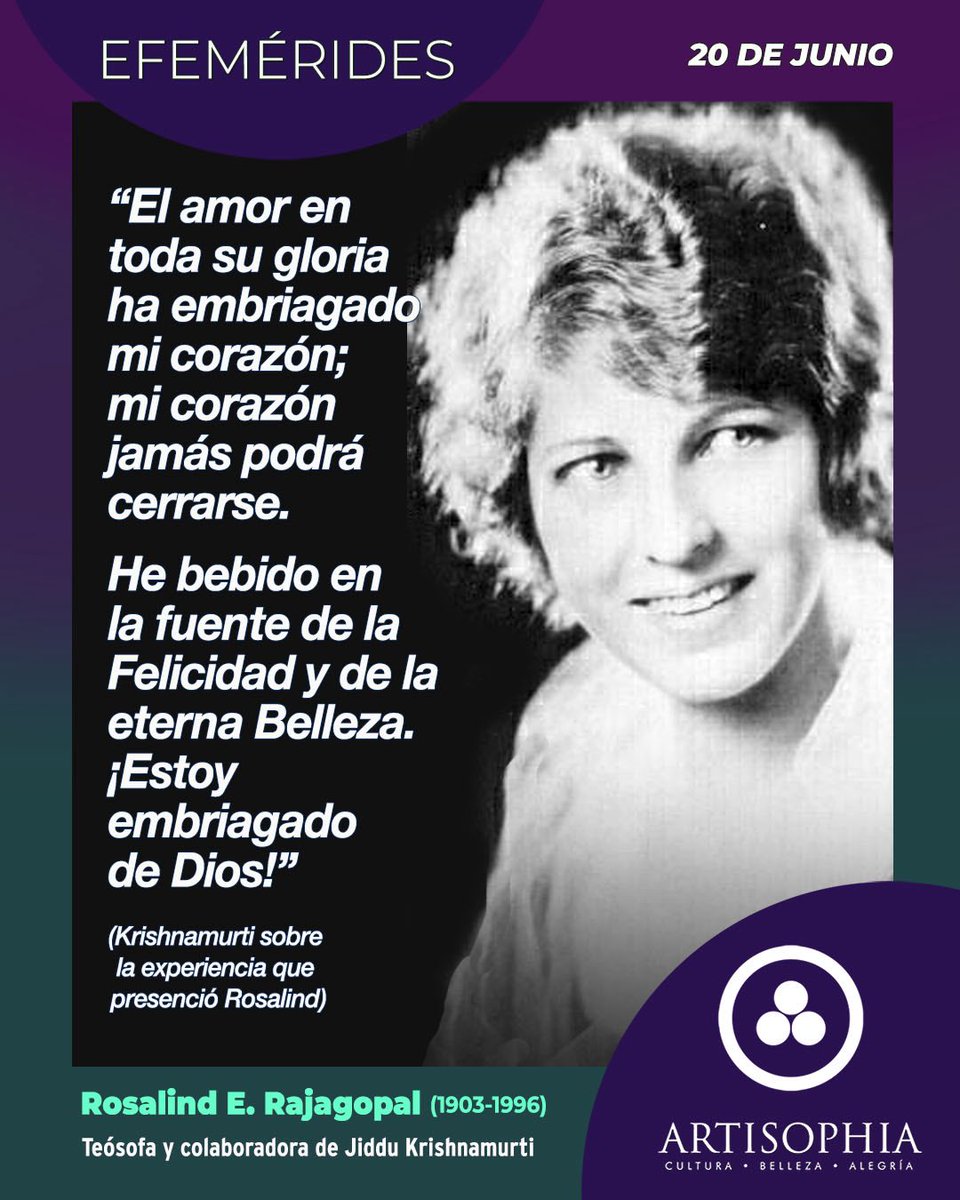 artisophia's tweet photo. 20 jun 1903: nace Rosalind Rajagopal, cofundadora de Happy Valley con Krishnamurti y Huxley. Testigo de la iluminación de Krishnamurti en 1922. Clave en la difusión espiritual. 📚✨ 

#RosalindRajagopal #Krishnamurti #Efemérides

https://t.co/y1qgWkIlCQ https://t.co/RiwzFpc4Wx