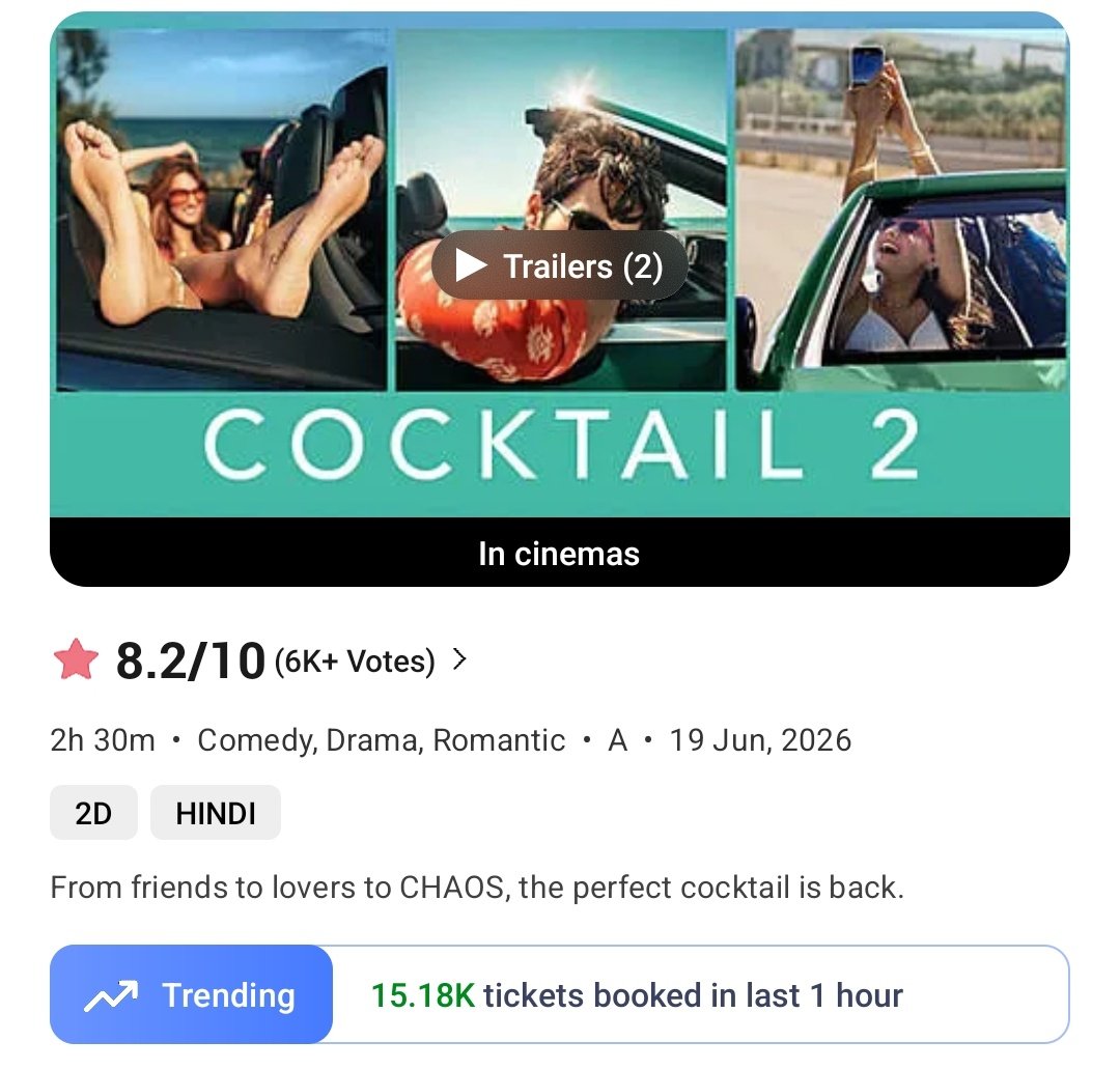 filmy_view's tweet photo. #Cocktail2 
6-7pm 
Tickets sold on BMS- 15180
Yesterday- 13750

Total from 7am- 1,48,190
Yest- 1,08,920 https://t.co/9XhA0hImHc