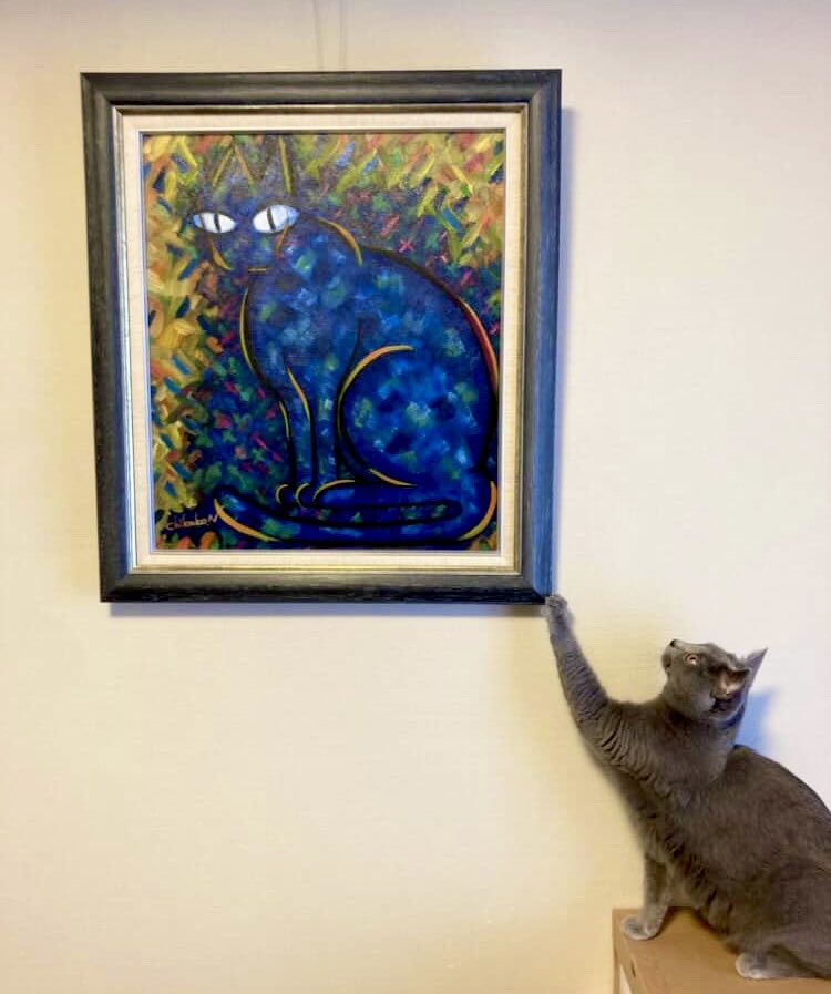 ChikakoN8's tweet photo. ウチの「blue cat」がかわいいブルーキャットちゃんのいるお家の子になりました🎵❣️
「しあわせに暮らしてね」
よろしくお願いします♪
My “blue cat” has become part of a family with another adorable blue cat!

#Art #油絵　#oilpainting  #cat #シャルトリュー https://t.co/JwHCd3DSqP