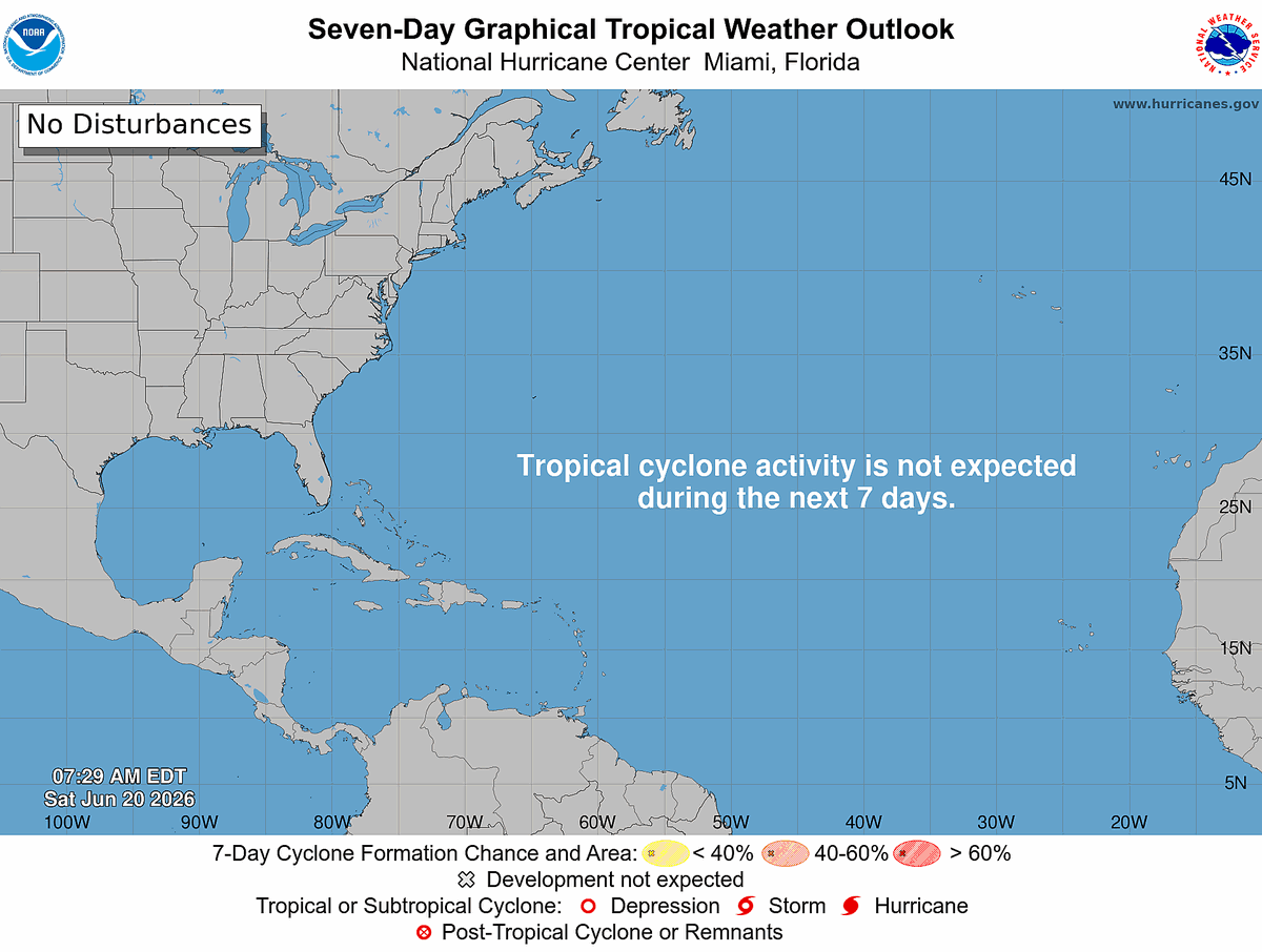 HurrWatchNet's tweet photo. Tropical Weather Outlook
NWS National Hurricane Center Miami FL
800 AM EDT Sat Jun 20 2026

For the North Atlantic...Caribbean Sea and the Gulf of America:

Tropical cyclone formation is not expected during the next 7 days.

$$
Forecaster Blake

#WeatherReadyNation #WRN #SKYWARN #CANWARN #Hamradio #AmateurRadio #SATERN #HurricaneHams