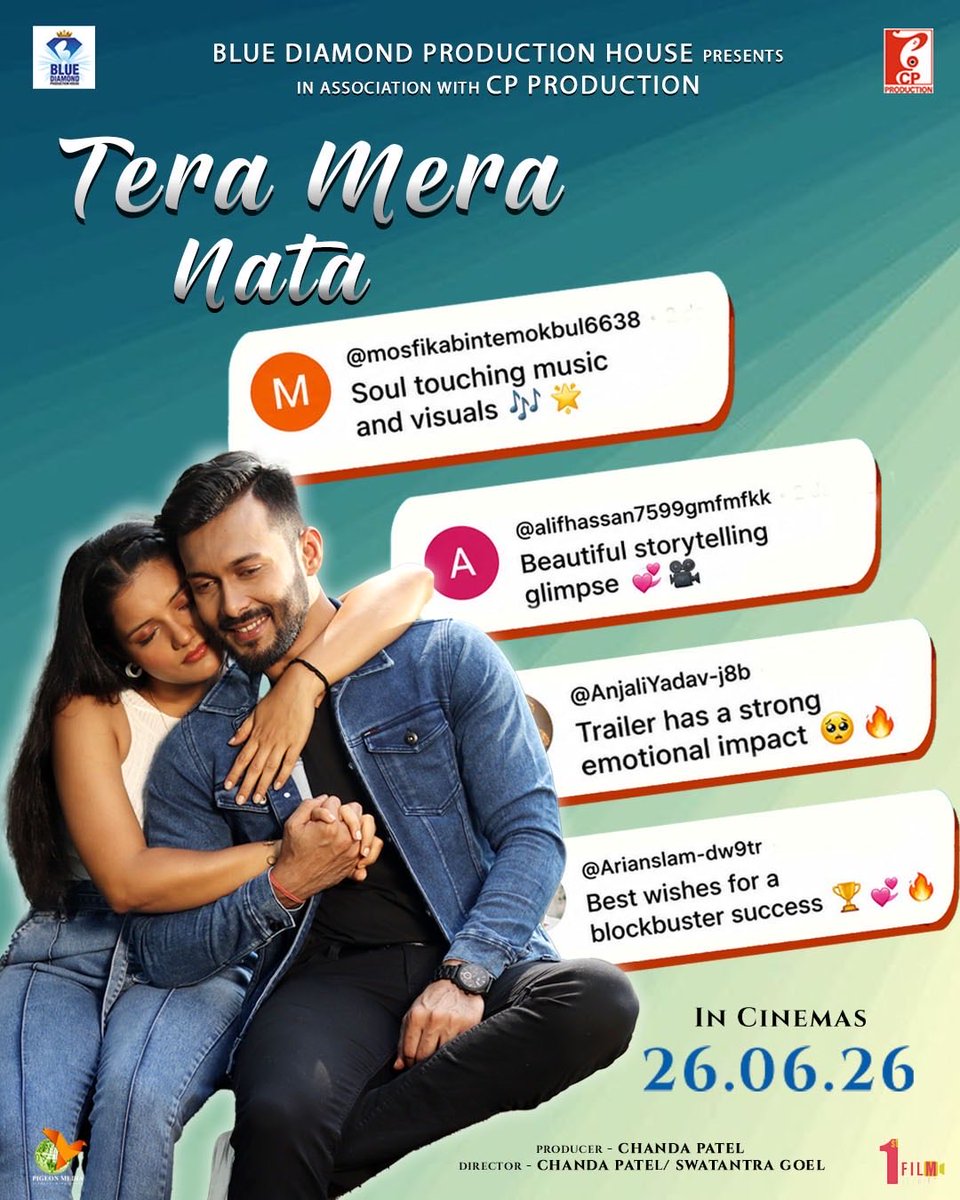 bdphofficial's tweet photo. A love story so beautiful, it’s making every heart skip a beat. ❤️

#TeraMeraNata Trailer out now.

Blue Diamond Production House Presents 
In Association With CP Production

Releasing in cinemas on 26th June 2026.

#OfficialTrailer #TrailerOutNow #InCinemasJune26 https://t.co/sYIYUBBA09