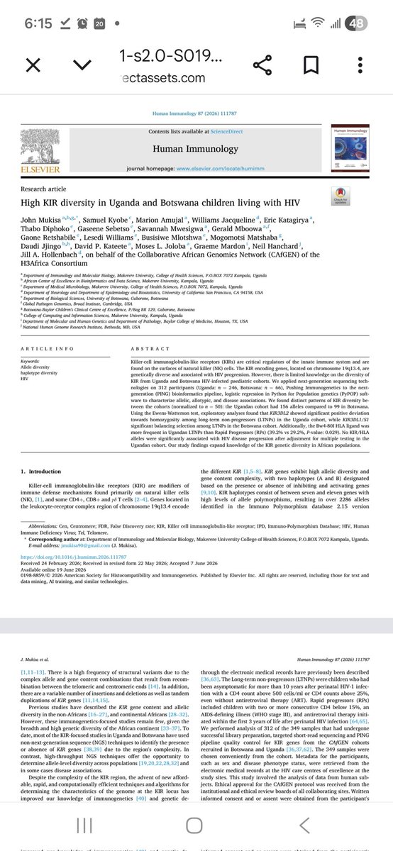 MukisaJohn62767's tweet photo. I am delighted🥰 to share our recent work on Killer cell immunoglobulin like receptors diversity in Uganda and Botswana. We found a high diversity of these immune related genes in our children from Uganda and Botswana https://t.co/JTZRlomd4Y