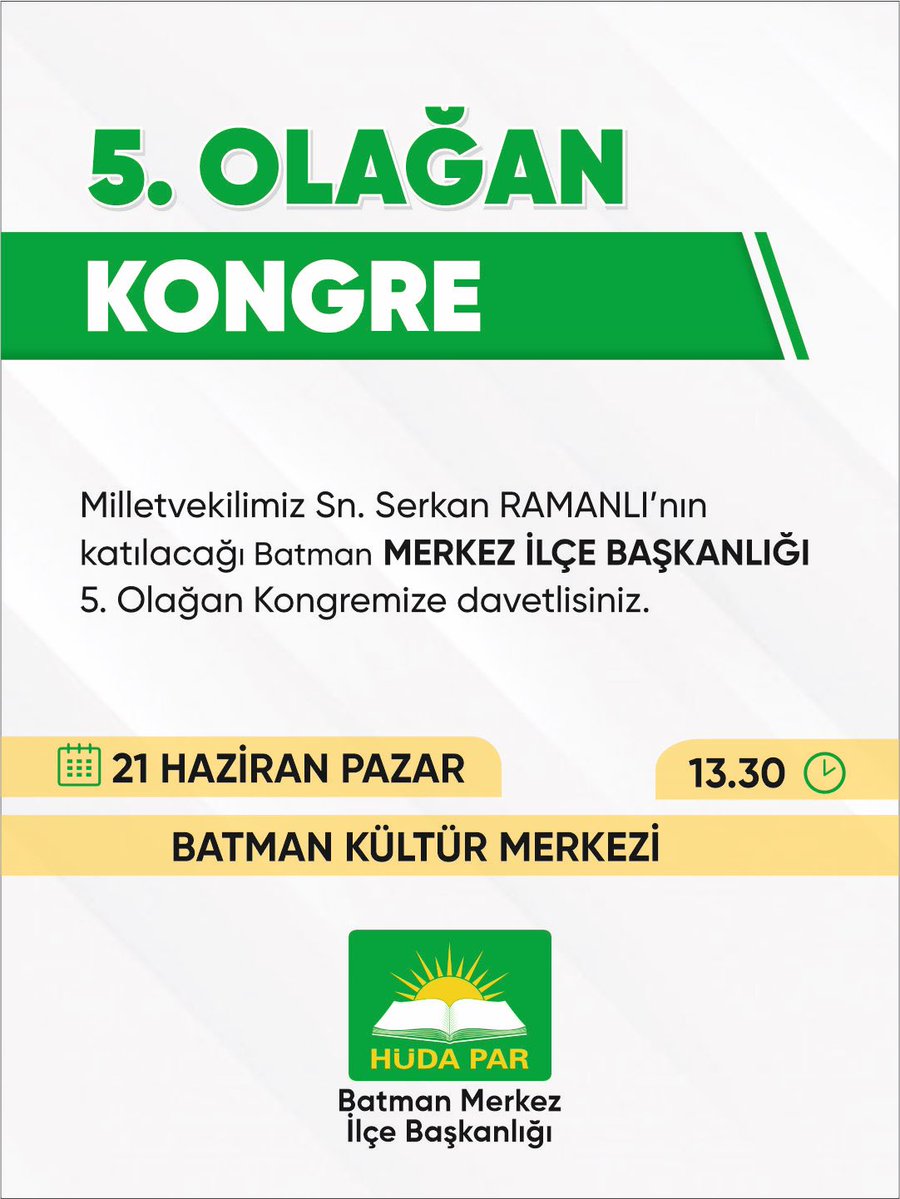 HudaParMerkez72's tweet photo. Kıymetli hemşerilerimiz,

Yarın (Pazar günü) saat 13:30’da Kültür Merkezinde büyük bir coşku ve heyecanla gerçekleştirdiğimiz HÜDA PAR Batman Merkez İlçe 5. Olağan kongremizde sizleri aramızda görmekten memnuniyet duyarız.

📍 Batman Kültür Merkezi
🗓️ 21 Haziran Pazar
⏱️ 13:30 https://t.co/1CNVmSG8XQ