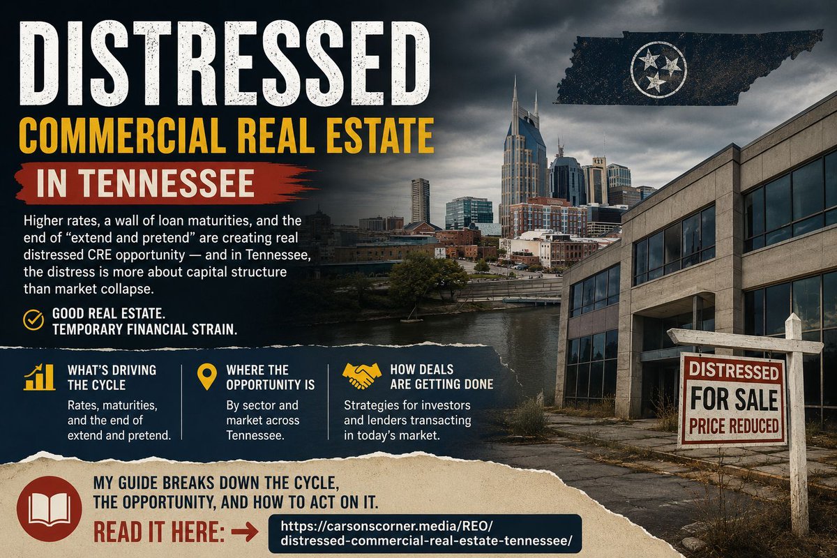 CarsonLJ79's tweet photo. Distressed Commercial Real Estate in Tennessee

Higher rates, a wall of loan maturities, and the end of “extend and pretend” are creating real distressed CRE opportunity — and in Tennessee, the distress is more about capital structure than market collapse.

Good real estate, temporary financial strain. My guide breaks down what’s driving the cycle, where the opportunity is by sector and market, and how investors and lenders are transacting on it.

Read it here: https://t.co/w3JOw5p45n
