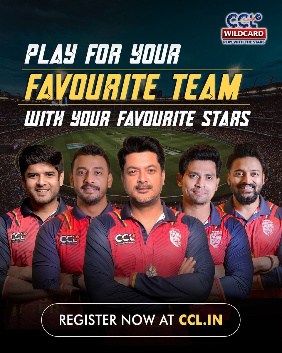 ccl's tweet photo. Bengal Tigers fans, this is your chance to step onto the field. 🏏

Register for CCL Wildcard and earn the opportunity to play alongside your favourite stars, represent #BengalTigers, and become part of the action.

Register now at https://t.co/hWMtiKpAgh 

@BENGALTIGERST20 @Jisshusengupta @bonysengupta 

#CCLWildcard #CelebrityCricketLeague #CCL