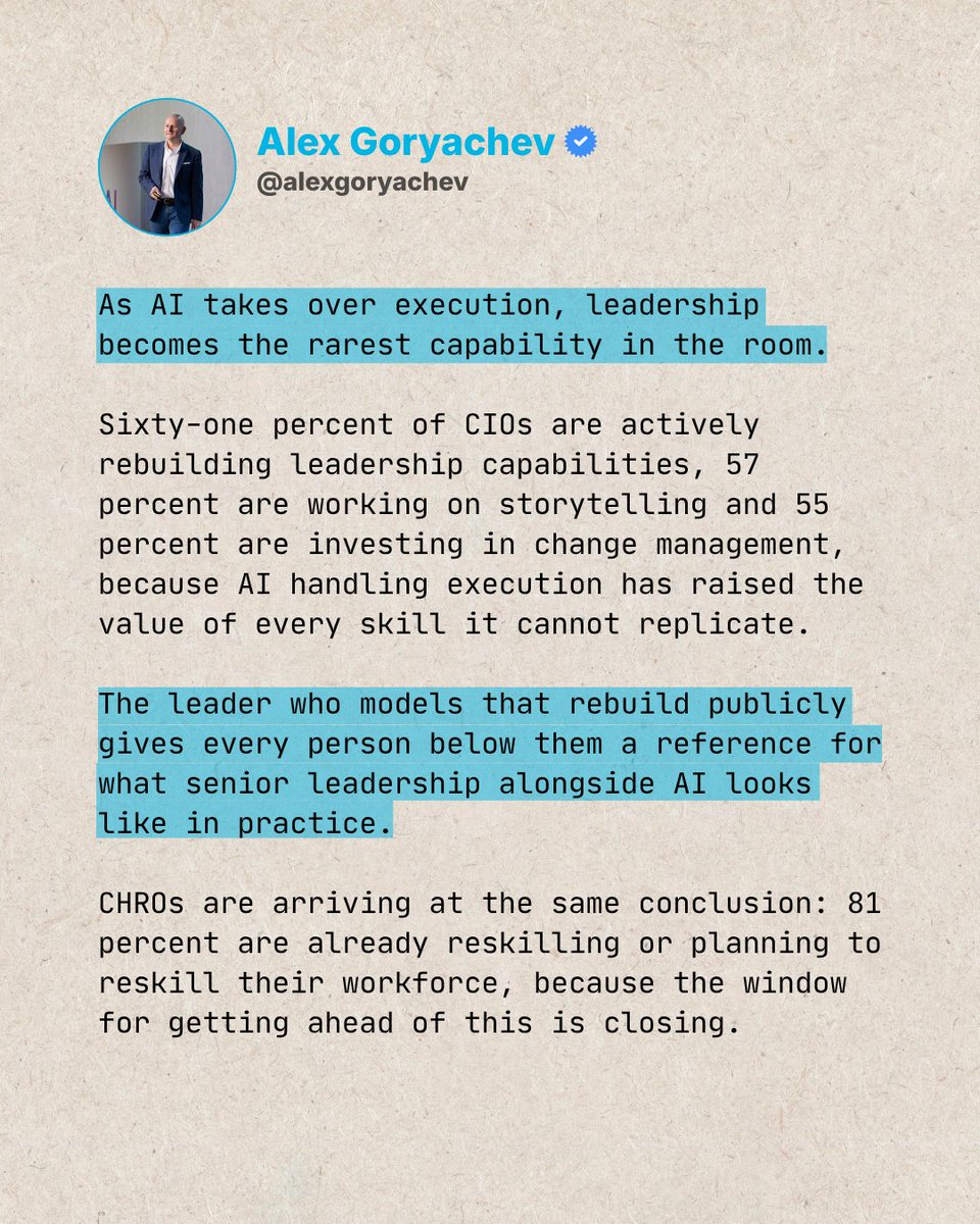 AgoryachAlex's tweet photo. As AI takes over execution, CIOs are rebuilding leadership (61%), storytelling (57%) and change management (55%). 

81% of CHROs are reskilling for AI literacy. 

The leaders modeling that rebuild publicly set the standard. 

Adapt or Vanish. 

#AILeadership #AdaptOrVanish https://t.co/sZDwqHYxr1