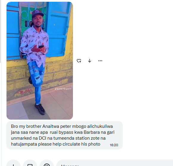 DrJuma_M's tweet photo. DCI Have abducted this comrade,His relative is @KeOutlaw . https://t.co/pgQ4n2CEkK