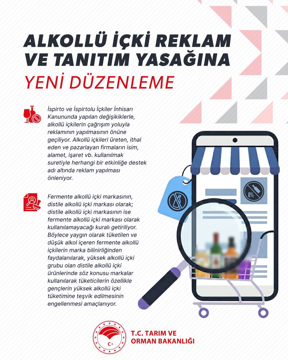 TCTarim's tweet photo. ✅ Toplum sağlığını güvence altına almak için önemli bir adım daha atıldı. 

▪️ Yeni düzenlemeyle, alkollü içkilerde "çağrışım" veya "etkinlik desteği" adı altındaki gizli reklamlar tamamen engellendi.

▪️ Ayrıca marka hileleriyle vatandaşlarımızın yüksek alkollü ürünlere teşvik edilmesinin önüne geçildi.