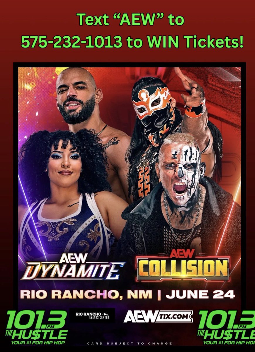 mannylemons's tweet photo. We all business this week in Albuquerque New Mexico! 

Big thanks to my friends at The Hustle 101.3 for helping spread the word about All Elite Wrestling coming to the Rio Rancho Events Center This Wednesday night. 

Text code word “AEW” for your chance to win free tickets. https://t.co/ZyLbUlHfZb