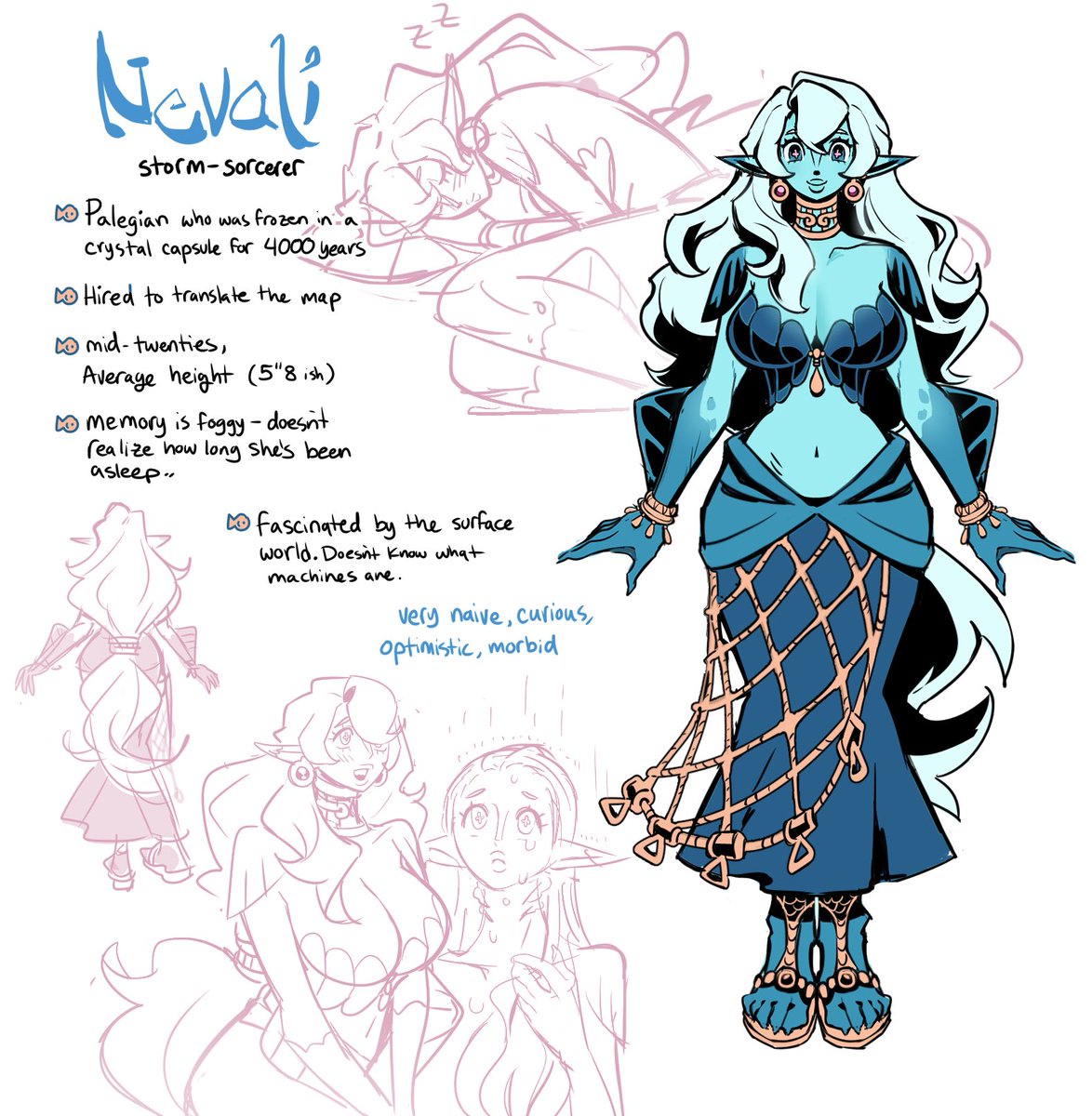 VonGulli's tweet photo. a little ref sheet of Nevali!! 
playing her in my friends current dnd campaign.. we’re playing pirates YAY!! https://t.co/xYxl6Gc9sm