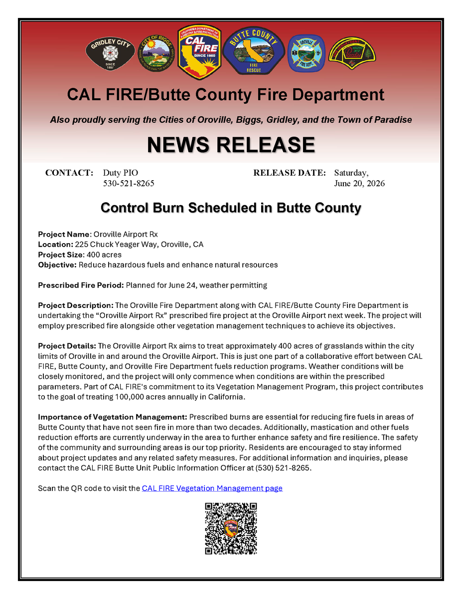 CALFIRE_ButteCo's tweet photo. CAL FIRE/Butte County Fire Department has two control burns scheduled for next week. One at the Oroville Airport and one off lower Forbestown Road. These two control burns will only take place if the weather cooperates.

See the news releases and maps for all the details. https://t.co/w8VzRkXybG