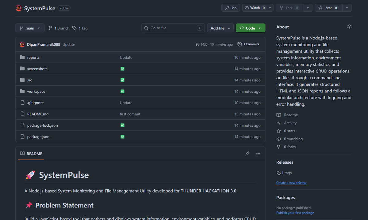 Dipan_Pramanik7's tweet photo. π Built & submitted SystemPulse for THUNDER HACKATHON 3.0.
A Node.js-based System Monitoring & File Management Utility featuring system insights, file CRUD operations, and automated HTML/JSON reports.
#NodeJS #JavaScript #Hackathon #BuildInPublic https://t.co/FcJFLVNJQg