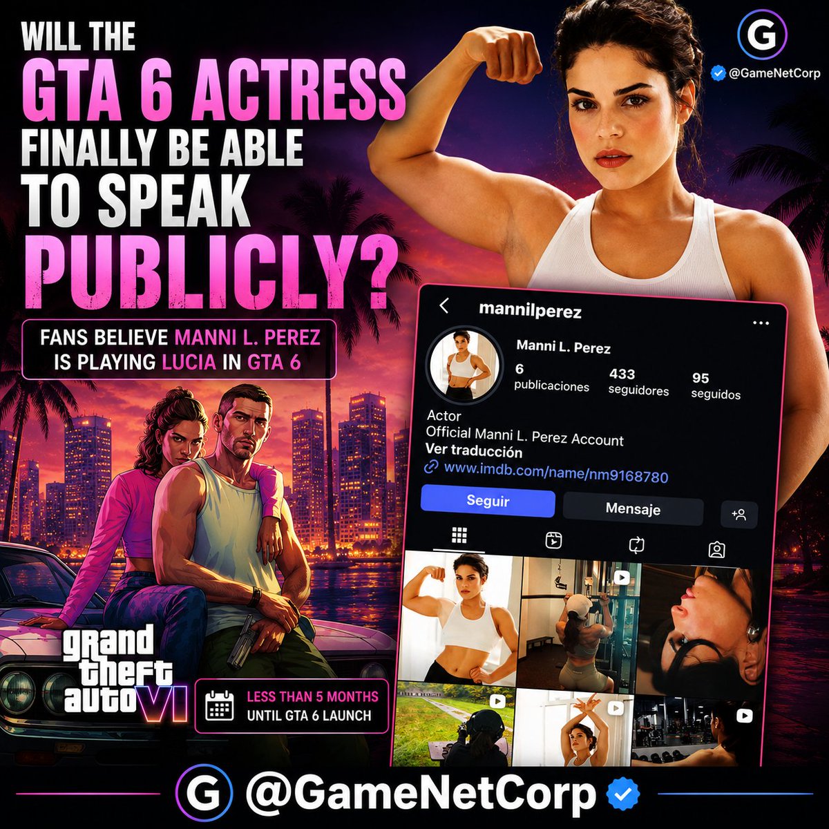 GameNetCorp's tweet photo. 🤔 I Wonder When Manni L. Perez Will Finally Be Able To Speak Publicly About GTA VI...

For years, fans have believed that actress Manni L. Perez is the face and voice behind Lucia, although Rockstar has never officially confirmed it.

What's interesting is that Manni has remained incredibly quiet throughout GTA VI's marketing cycle, despite the constant speculation surrounding her involvement.

We're now less than 5 months away from launch.

If she is indeed playing Lucia, there can't be much longer to wait before Rockstar allows the cast to speak publicly.

Historically, Rockstar keeps its actors under extremely strict NDAs and rarely reveals major cast members until close to release.

My prediction:

🎭 Official cast reveal before launch
🎙️ Interviews with the actors
📸 Promotional appearances
🎮 Behind-the-scenes motion capture stories

Right now, fans are analyzing every clue, every social media account, and every appearance.

But sooner or later, if the rumors are true, Manni L. Perez will finally be able to tell the world what she's been working on all these years.

The question is:

Do you think Rockstar reveals the actors before launch, or keeps the mystery alive until release day?