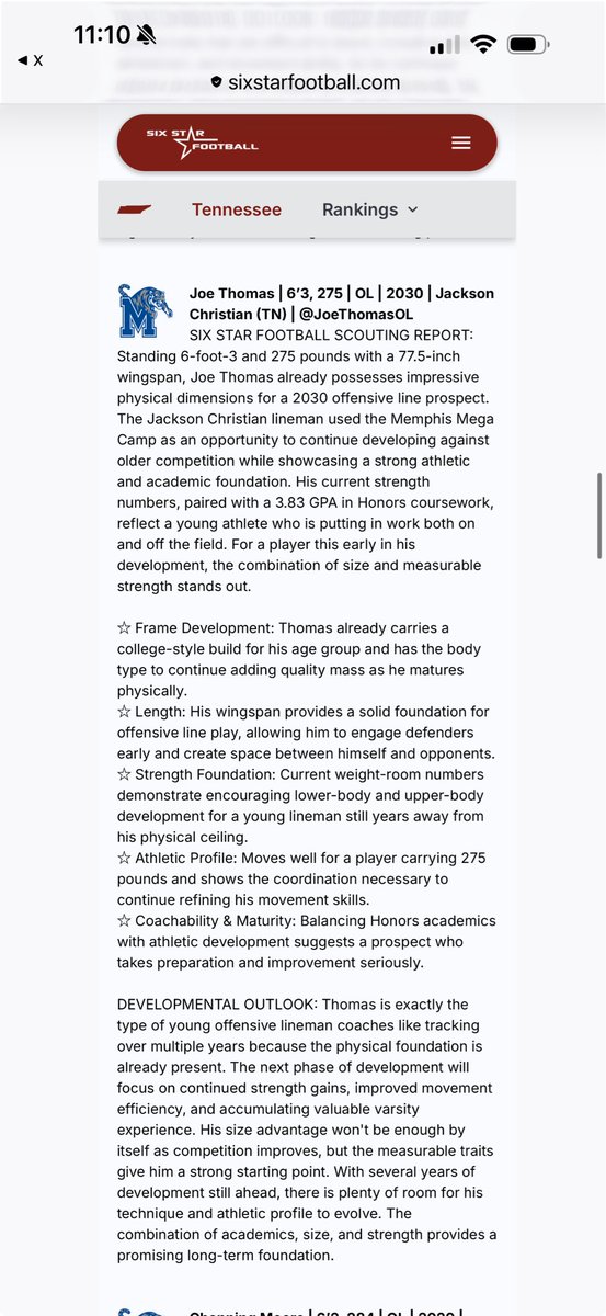 JoeThomasOL's tweet photo. Thank you @sixstarfootball for recognizing my performance at the @MemphisFB mega camp https://t.co/W71hVcYXyY