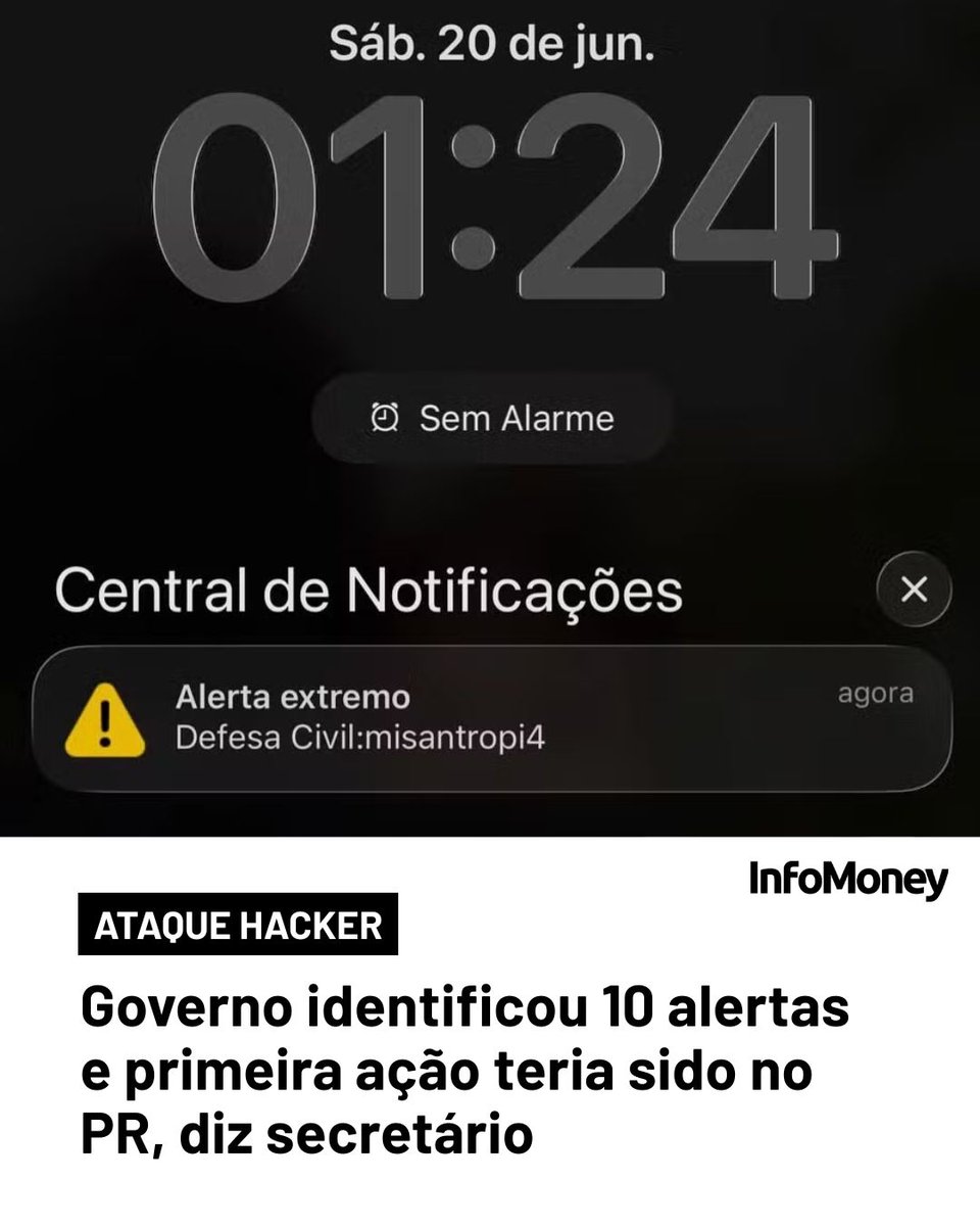 infomoney's tweet photo. O secretário citou Paraná, Mato Grosso do Sul, São Paulo, Brasília e Acre entre os locais que receberam alertas falsos
Leia mais no site do InfoMoney: https://t.co/xvVDfOalrl
Foto: Reprodução/Redes Sociais
#AtaqueHacker #AlertaSevero #DefesaCivil https://t.co/d1ihvwdXi8
