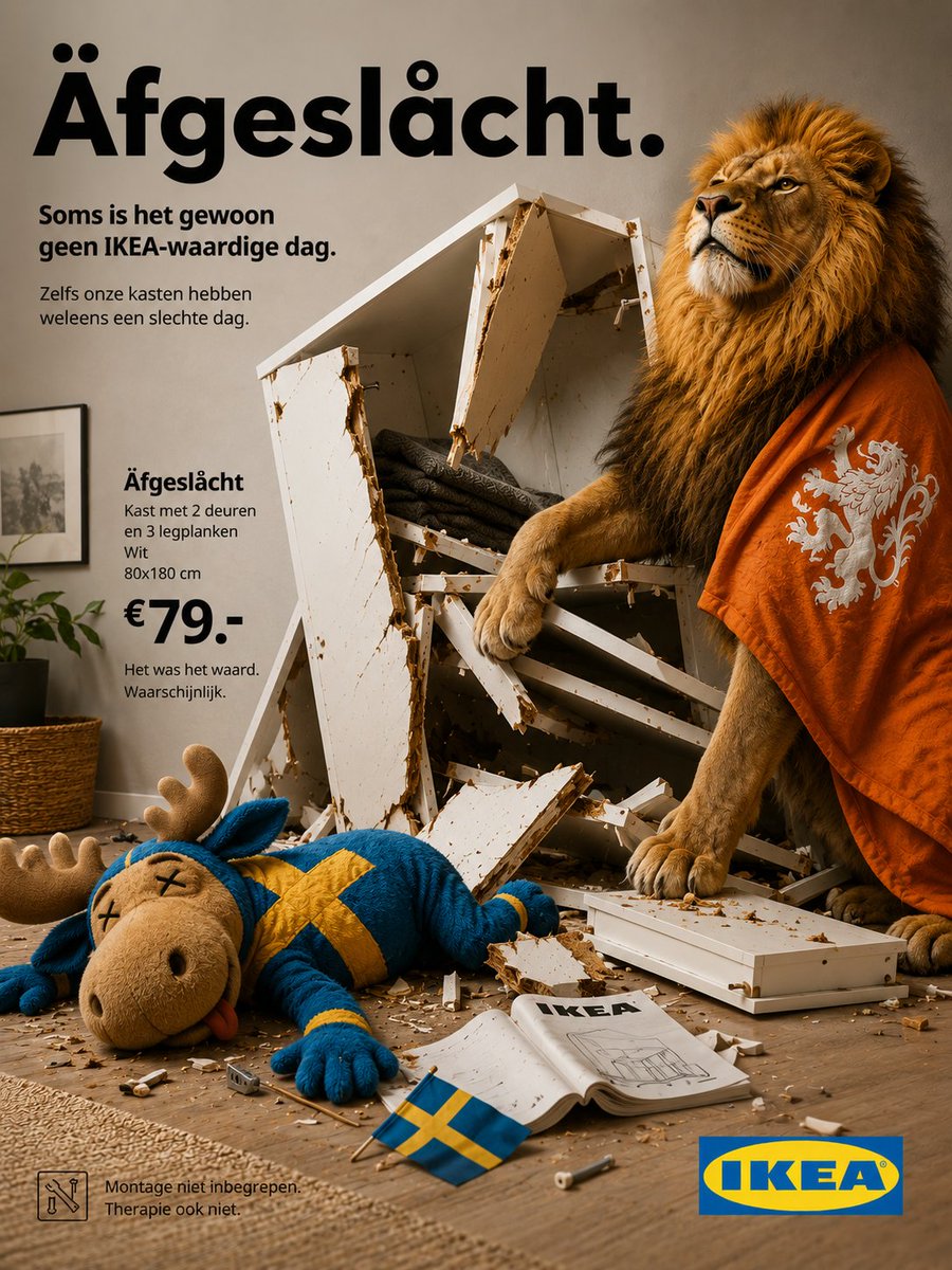 Nuldettig's tweet photo. Ikea kasten niet bestand tegen de Oranje Leeuw 🦁🇳🇱 #NEDzwe #NEDswe https://t.co/ph3xkHNz9c