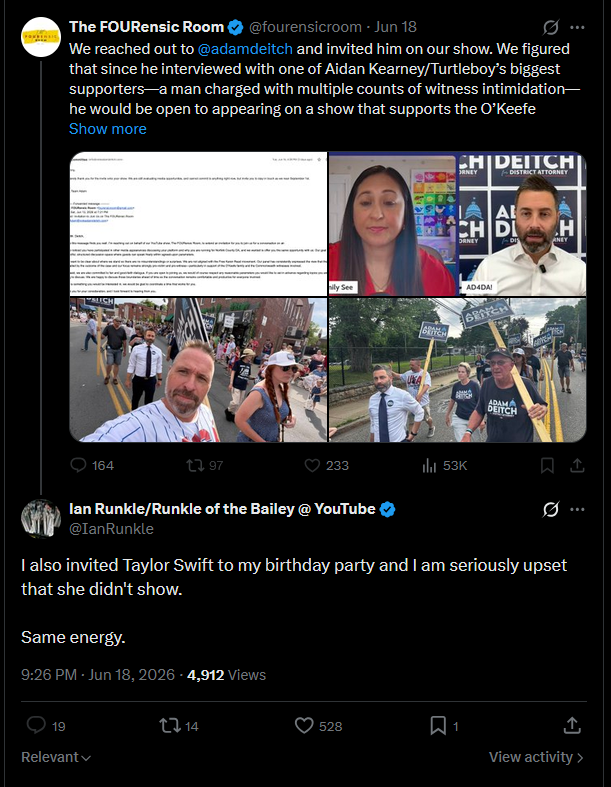 IanRunkle's tweet photo. Also, cause a few people asked what I did to get blocked by the FOURensic room:  

Here's their tweet and my reply. https://t.co/7lXchjIuqv