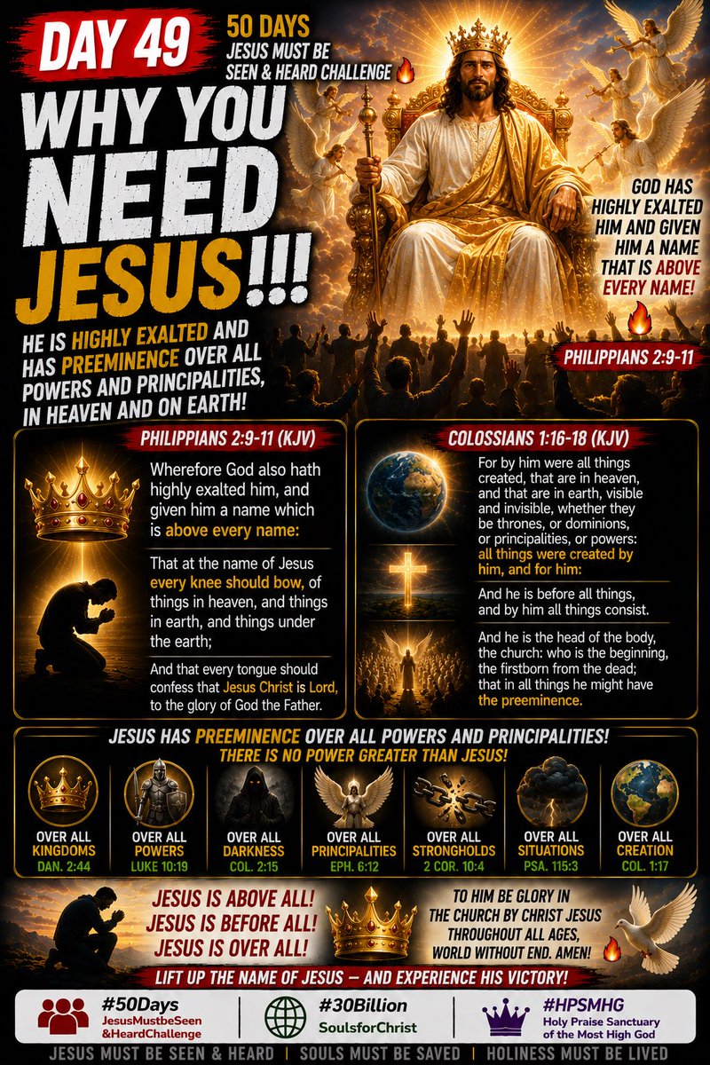 HolyPraiseSanct's tweet photo. Day 49🔥
50Days Jesus Must Be Seen &amp; Heard Challenge 🔥
Why You Need Jesus🔥
Phil. 2:9-11, Col. 1:16-18
18:06:2026

#JesusMustBeSeenandHeard 
#30BillionSoulsForChrist 
#ImpossibilityisNothingwithGod 
#HPSMHG https://t.co/iZgxZ9o6pv