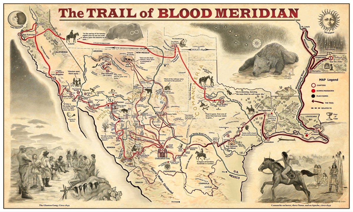 AmericanGwyn's tweet photo. I’ve posted this before, but for those who haven’t seen it, here’s a map of the Kid’s journey through the American Southwest of BLOOD MERIDIAN. https://t.co/0s1OGRzJQQ