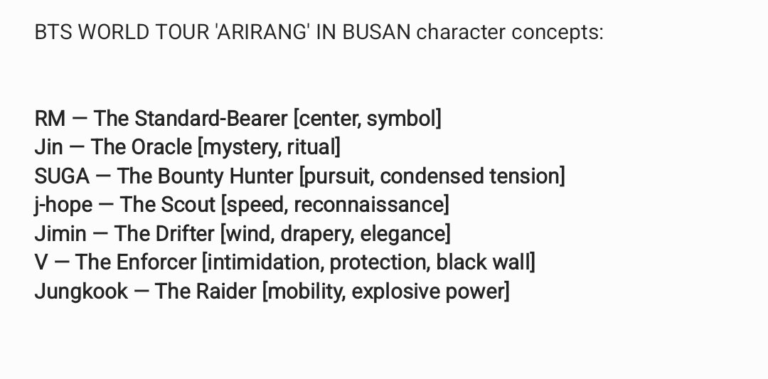 jnfication's tweet photo. Los nuevos atuendos de ARIRANG se basaron en la idea de un "Hooligan del desierto" y se definieron como NÓMADAS DE ASFALTO. ✨️

RM — El Abanderado
Jin — El Oráculo
SUGA — El Cazarrecompensas
j-hope — El Explorador
Jimin — El Vagabundo
V — El Ejecutor
Jungkook — El Invasor https://t.co/4yqoMDWISN