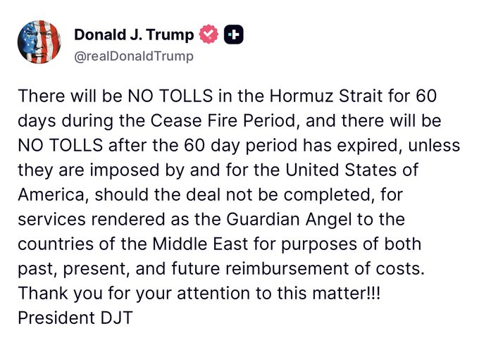 TedPillows's tweet photo. Trump says there'll be no tolls in the Strait of Hormuz. https://t.co/Eb04nX91lR
