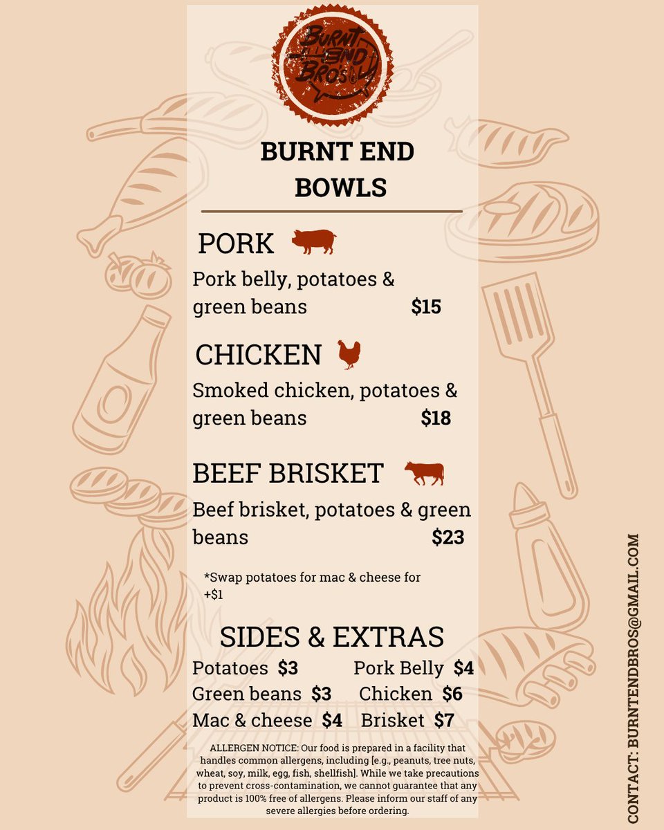 PAWD_WC's tweet photo. You didn't think we were going to have y'all attend Family Matters on an empty stomach, did you?
Burnt End Bros is officially catering the event, and we’re bringing a heavyweight lineup of Burnt End Bowls that’ll keep you energized for every single match.

Choose your fighter:

Pork Belly – Slow-smoked perfection ($15)

Smoked Chicken – Packed with flavor ($18)

Beef Brisket – The undisputed champ ($23)

All bowls come loaded with potatoes and green beans, or you can swap the potatoes for Mac & Cheese for just an extra dollar.

We're looking forward to seeing you ringside!

Contact: burntendbros@gmail.com