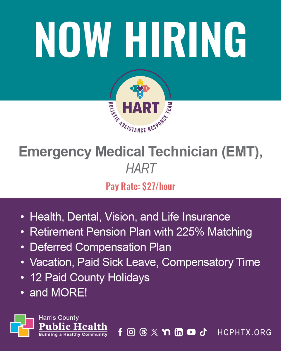 hcphtx's tweet photo. 🚑💙 Ready to make a difference? 

Harris County Public Health is hiring Emergency Medical Technician (EMT) and Crisis Intervention Specialist (CIS) for the HART program! 

Work on the front lines of a new kind of emergency response; supporting people in crisis with compassion, care, and real solutions. 

💵 Pay rate: $27/hour 

Requirements: 
🔹 At least 2 years of experience in Emergency Medical Services. 
🔹 Current Texas Driver’s License (required upon hire). 

🔹 EMT: 2+ years EMS + Texas EMT License & BLS 

🔹 CIS: 3+ years crisis/mental health experience 

🔹 Preferences - Bilingual (Spanish, Chinese Mandarin, Korean, Vietnamese, Hindi) 

Be part of the future of emergency response in Harris County—apply now. 💙 

📍 Apply here: https://t.co/P84PqicSqa 
📞 Need help? Call (713) 274-5445 or email phshr@phs.hctx.net