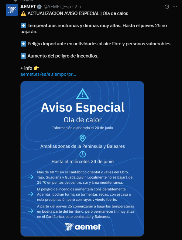 apuntoratge's tweet photo. AVÍS ESPECIAL @AEMET_Esp 

Onada de calor a Espanya, que ens afectarà a nosaltres entre dilluns i  dimarts, quan registrarem màximes al voltant dels 40 °C a les comarques interiors i mínimes entre els 23 °C i els 27 °C a la costa, nits TROPICALS I TÒRRIDES.

No tindrem vent de ponent, això farà que les temperatures més altes es registren a l'interior.
Al litoral les màximes estaran entre els 31 °C i els 35 °C.

La sensació de basca a la costa serà notable de nit i matinada. Elevada sensació de calor nocturna a causa de la humitat i el vent fluix de nit.