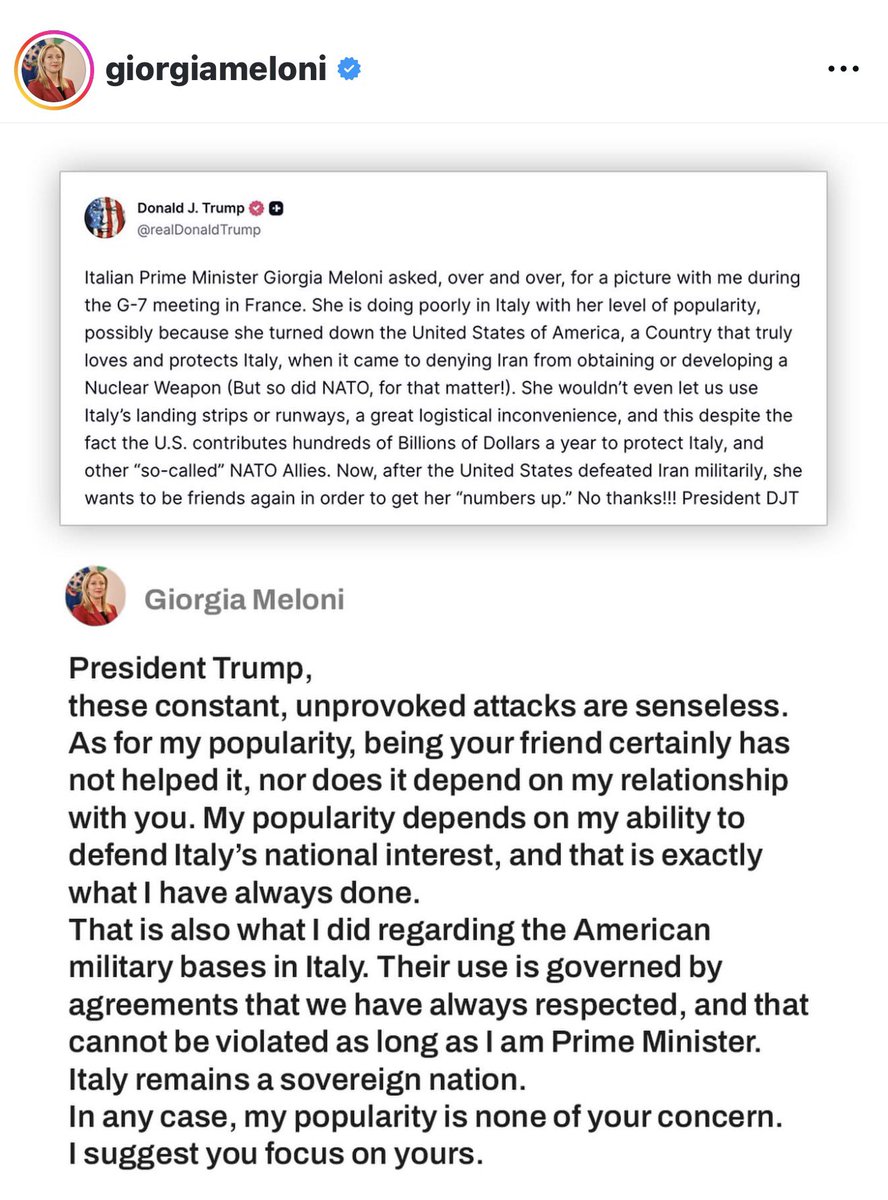 SimonaMangiante's tweet photo. 🚨 Italy is struggling with a stagnant economy, record illegal immigration, and challenges that affect millions of citizens every day. Those are the battles worth fighting.

Maybe Prime Minister Meloni should pick her battles more carefully, take a little distance from Brussels, and start putting Italy first again.

The G7 footage speaks for itself. President Trump just called her out 🤪