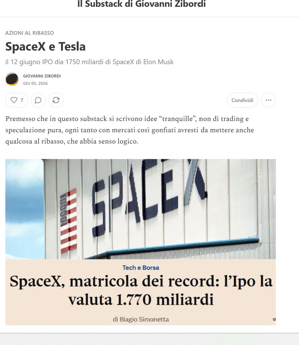 GiovanniZibordi's tweet photo. Come ho scritto anche nel substack https://t.co/HshUY7E8eQ la SpaceX di Elon Musk era da vendere, cioè vendere al ribasso. Ma è da inizio agosto che può perdere molto, perchè per ora chi ha le azioni NOn può venderle. Perchè scende allora ? perchè possono però comprare opzioni al ribasso, come quelle che ho suggerito. Cioè è vietato vendere le azioni se le hai avute prima della quotazione, ma puoi comprare opzioni Put al ribasso che è la stessa cosa in pratica. Ne hanno scambiate per 40 milioni in pochi giorni

SpaceX combina Twitter, razzi e satelliti, Starlink e Grok e perderà altri 20 mld circa nei prossimi due anni, per un totale di perdita oltre i 60 miliardi. E' la magia finanziaria del mercato USA