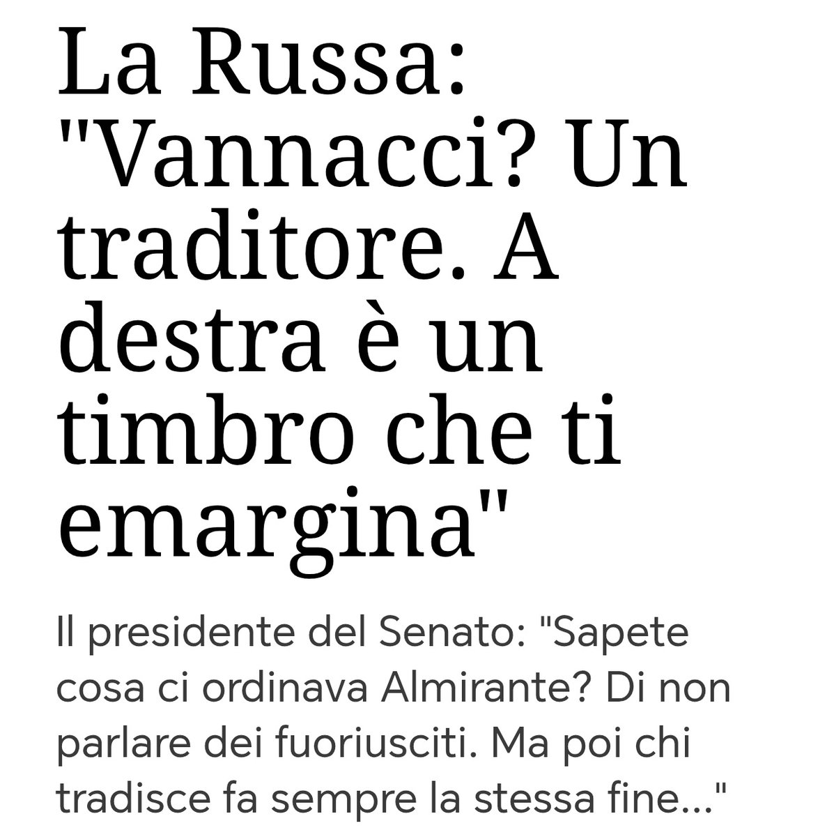 AlekosPrete's tweet photo. C'è un filo nero che lega passato e presente nel linguaggio del Presidente del Senato. L'ossessione per il 'tradimento', il richiamo nostalgico agli 'ordini' di un fucilatore della RSI e l'idea del 'timbro che emargina' sono i codici identitari dello squadrismo. #matrice https://t.co/d952cXRyaq