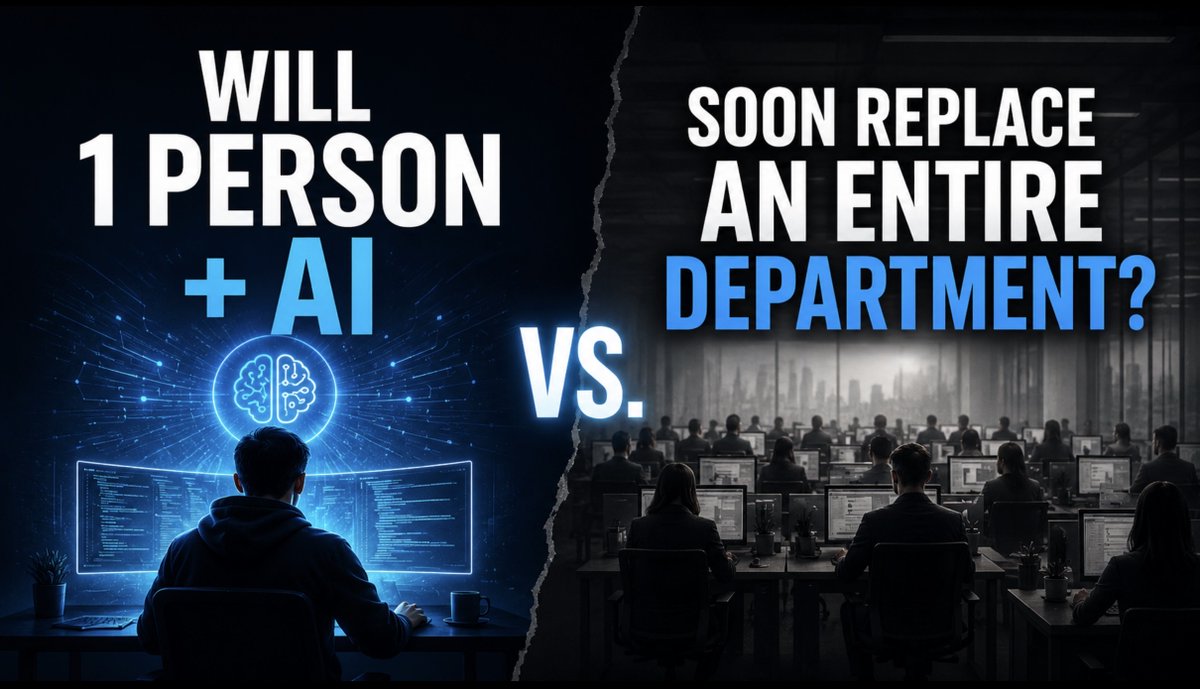 VraserX's tweet photo. The real AI shock won’t be “robots take jobs.”

It’ll be when companies realize one weirdly capable person with agents can replace an entire department.

Do we share the productivity explosion, or do we let 12 people own the whole machine? https://t.co/30ayL3TcLA