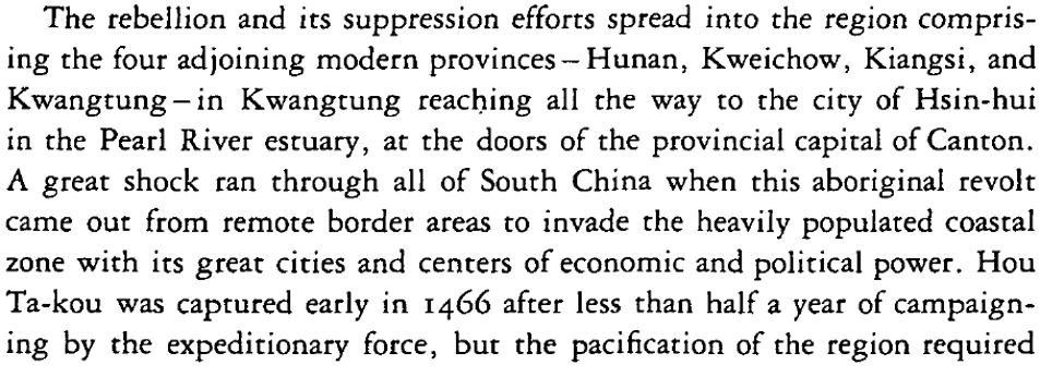 threeeyedbarrel's tweet photo. During the 1400s, increasing Han and Zhuang settlement in the south put pressure on the Yao tribal people.
In 1464, the Yao had an "uprising," attacking Guangxi, Hunan, Guizhou, and Guangdong, and easily defeating local Cantonese armies.
In 1466, the Beijing army suppressed them. https://t.co/wb93KsTCTi
