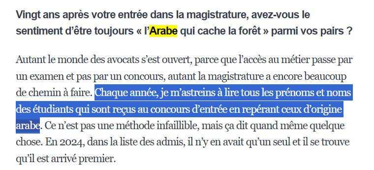 FrDesouche's tweet photo. Les insultes et menaces sont intolérables et vous avez raison de les poursuivre. 

Par contre, on a le droit de s'interroger sur vos prises de positions publiques. 

Vous défendez une lecture ethnique de la magistrature française. Vous ne vous contentez pas de critiquer la reproduction sociale des élites judiciaires : vous y ajoutez explicitement des critères d’origine, de nom, d’apparence et de “ressemblance” entre juges et justiciables.

Lorsque vous expliquez examiner les listes d’admis à l’ENM pour y repérer les noms “d’origine arabe”, lorsque vous déplorez l’absence de noms à consonance étrangère ou lorsque vous estimez que la justice devrait offrir une “vraie apparence de diversité”, vous adoptez une grille d’analyse dans laquelle la société est pensée d’abord à travers des critères ethniques et identitaires.

Or la justice doit représenter la France par son impartialité, sa compétence et son indépendance, non par une logique de quotas identitaires. 

C’est un principe républicain fondamental.

Libre à vous de vouloir défendre un autre modèle. Mais vous êtes un juge de la République : lorsque vous adoptez ce type de positionnement militant, vs sortez de vos prérogatives et de votre mission.

Vous suggérez en creux qu’un juge blanc ne serait pas pleinement légitime pour juger des justiciables noirs ou arabes. Vous jettez ainsi le soupçon sur l’ensemble de la corporation judiciaire. C’est, me semble-t-il, bien plus grave, et bien plus attentatoire à la confiance dans la justice, que les tweets de Tegnér sur son propre procès.