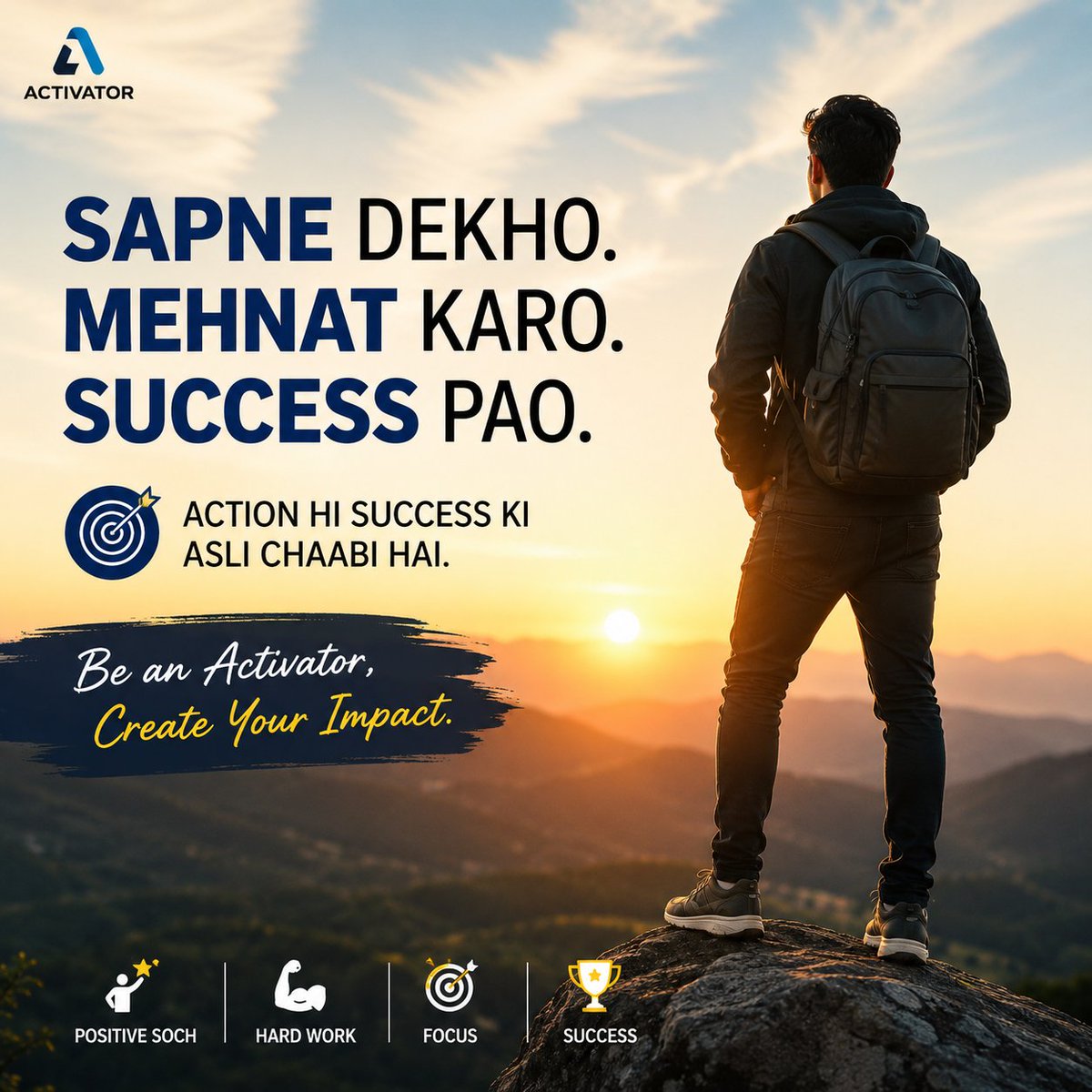MdAmirsohail77's tweet photo. "Har safalta ke piche ek mazboot soch aur mehnat hoti hai. 🔥✨ #Activator #Motivation"
Ya aur chhota:
"Sapne bade rakho, mehnat usse bhi badi. 💪🔥"
Ya:
"Action hi success ki asli chaabi hai. 🚀✨" https://t.co/qCUky4DmdO