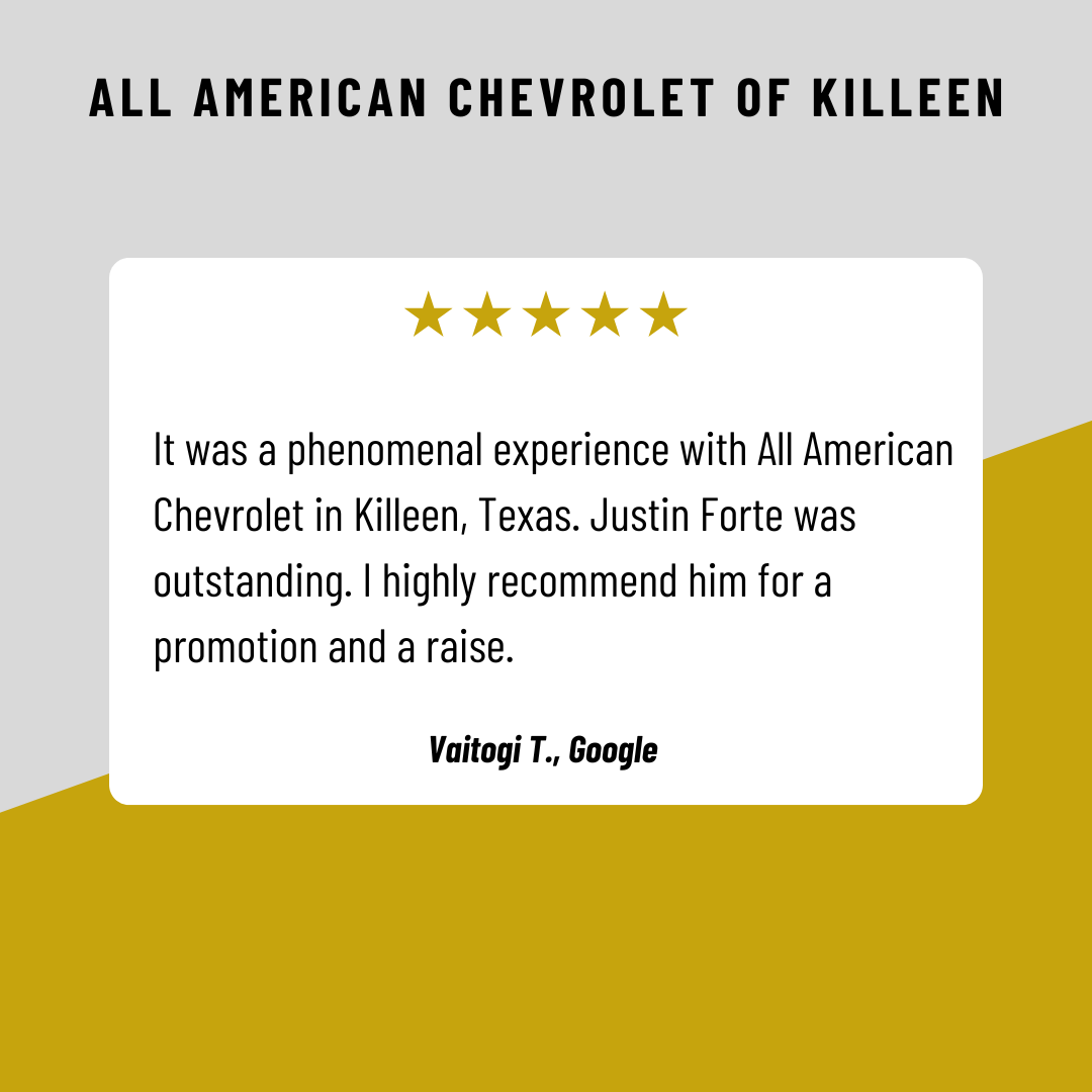 KilleenChevy's tweet photo. Thank you for the fantastic review, Vaitogi! We’re thrilled to hear you had a phenomenal experience with us. Justin will be glad to know he made such a strong impression. We truly appreciate your recommendation and look forward to assisting you again in the future! https://t.co/bpW9zJzjZ7