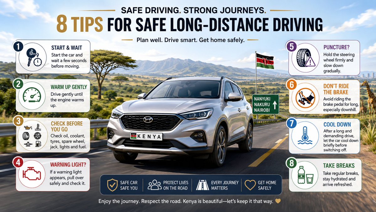 JCarhire's tweet photo. Most people know how to move a car, but very few know how to take care of one during a long trip. Save this before your next safari. 

When you start the vehicle, don’t immediately rev the engine and leave as though someone is chasing you. Give it a few seconds for the engine to settle, confirm that the warning lights have gone off, then begin driving gently. Modern cars don’t require ten minutes of idling; the best warm-up is driving moderately while avoiding hard acceleration and high revs until the engine reaches normal operating temperature.

Before travelling long distance, check the engine oil, coolant, brake fluid, tyre pressure, tyre condition, lights, wipers and fuel. Confirm that the spare wheel has pressure, because carrying a flat spare tyre from Nairobi to Namanga is just travelling with emotional support. Also make sure the jack and wheel spanner are actually in the vehicle, not safely stored in someone’s garage back home.

At highway speeds, keep a safe distance and avoid resting your foot on the brake pedal. Even light, continuous pressure creates heat and can wear the brake pads or reduce braking effectiveness. When descending places like Limuru, Mai Mahiu or the escarpment, select a lower gear and allow the engine to help control the speed instead of riding the brakes mpaka zinanuka kama chuma imechomeka.

When a warning light appears, don’t cover it with your phone holder and continue praying. A red warning light normally means you should pull over safely and investigate immediately, especially if it involves oil pressure, overheating or the braking system. An amber light may allow cautious driving, but you should still check the owner’s manual or contact a mechanic because dashboard lights are communication, not decoration.

In case of a puncture or tyre blowout, hold the steering wheel firmly, remain calm and avoid slamming the brakes. Ease off the accelerator gradually, allow the vehicle to slow down, switch on the hazards and pull completely away from traffic before stopping. Please don’t start changing a tyre while half of the car is still on Thika Road; a rim can be replaced, but you cannot.

After a long, demanding drive, especially at sustained highway speeds, up steep hills or in a turbocharged vehicle, don’t arrive and immediately switch off after driving it like a rally car. Drive gently for the final few minutes and, where the manufacturer recommends it, allow the engine to idle briefly before switching off so temperatures can stabilise. This is not an excuse to leave the car idling for twenty minutes while discussing land with your uncles.

Lastly, take breaks, drink water and never fight sleep behind the wheel. Opening the window, increasing the music and chewing gum cannot negotiate with fatigue. Park somewhere safe and rest.

A good driver doesn’t only know how to accelerate; they know how to listen to the vehicle, protect the passengers and arrive safely.

Which important long-distance driving rule did I leave out?