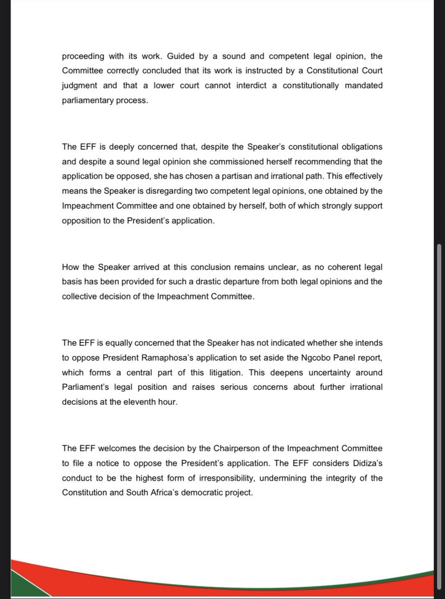 EFFSouthAfrica's tweet photo. The EFF’s Statement on the Speaker of the National Assembly’s Decision Not to Oppose President Ramaphosa’s Court Application to Halt Impeachment Proceedings 

-The EFF is deeply concerned that, despite the Speaker’s constitutional obligations and despite a sound legal opinion she commissioned herself recommending that the application be opposed, she has chosen a partisan and irrational path. This effectively means the Speaker is disregarding two competent legal opinions,one obtained by the Impeachment Committee and one obtained by herself, both of which strongly support opposition to the President’s application.