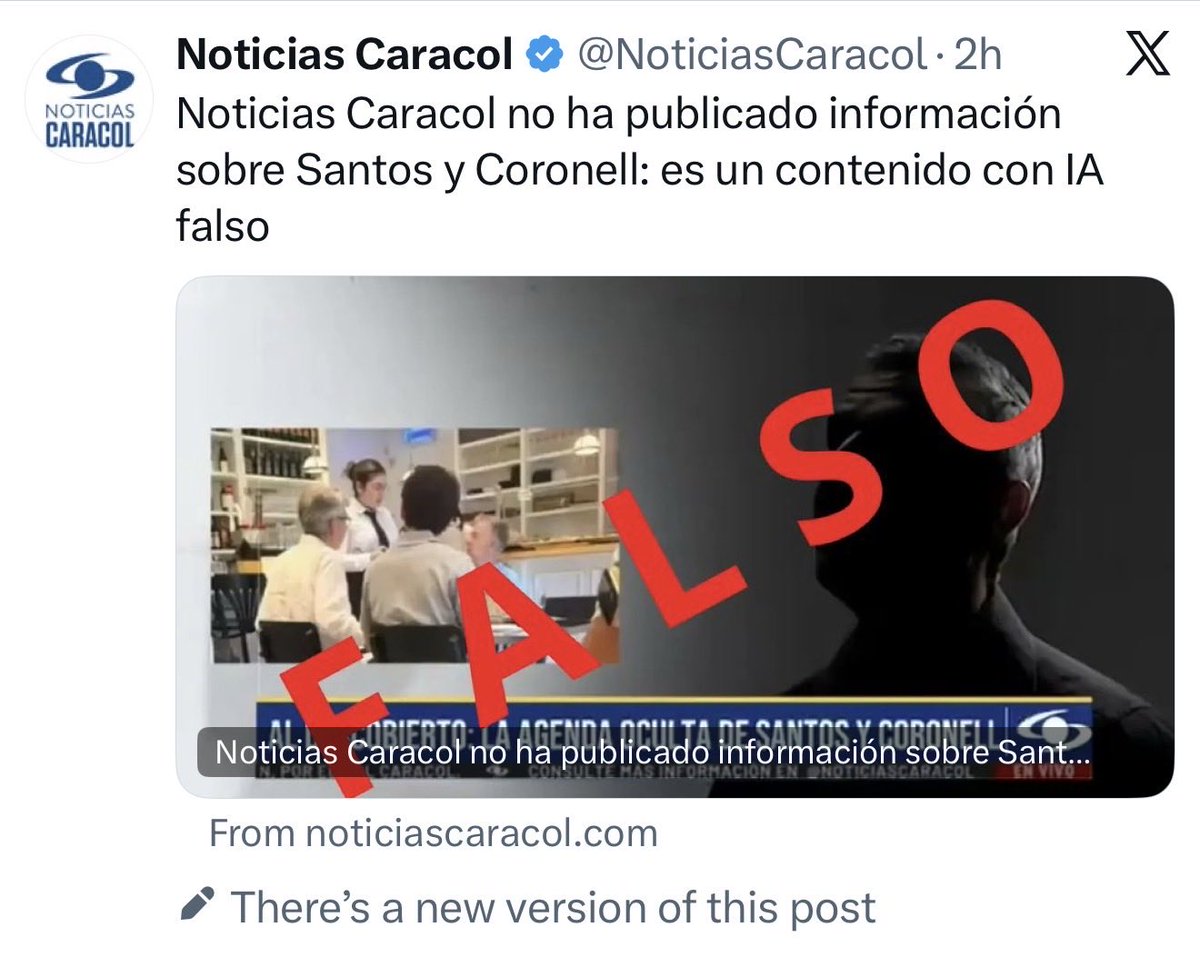 DCoronell's tweet photo. Por favor miren esto: @NoticiasCaracol desmiente contenido falso en donde suplantaban su noticiero con inteligencia artificial https://t.co/fXDthW0W6f