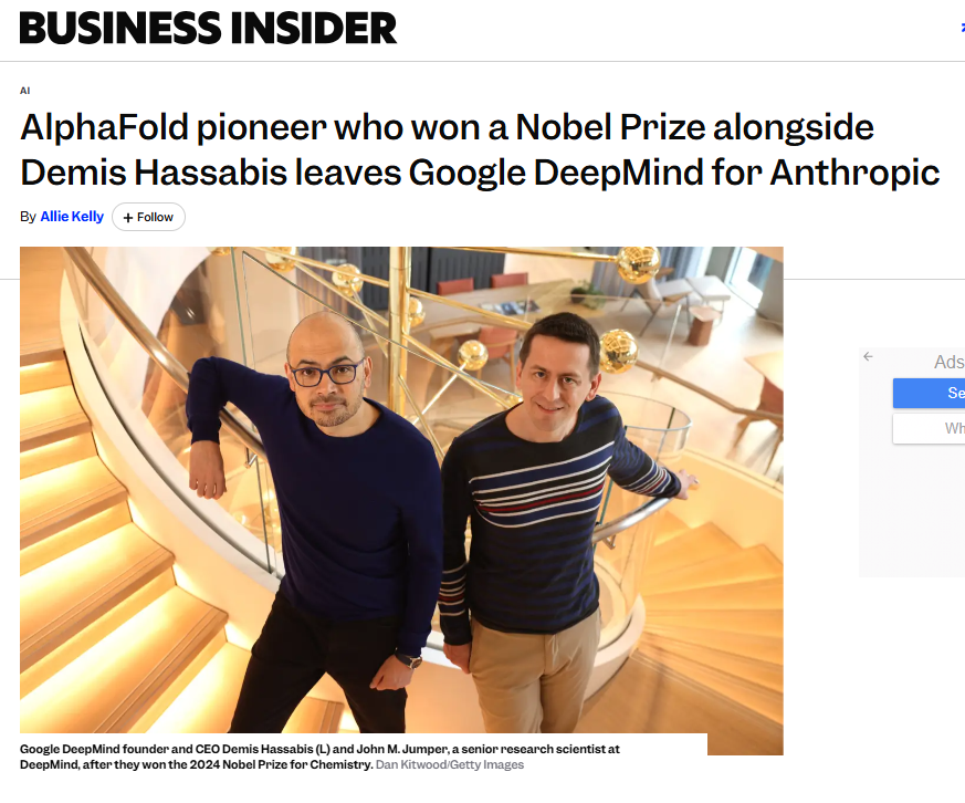 chukynya's tweet photo. Demis Hassabis picked John Jumper to lead AlphaFold. That bet won them a Nobel Prize together. Now Jumper's leaving DeepMind for Anthropic. Hassabis built his name on AGI that heals, not harms. So what's shifting inside that promise? Where is AI really taking us? https://t.co/5eA42juPsd