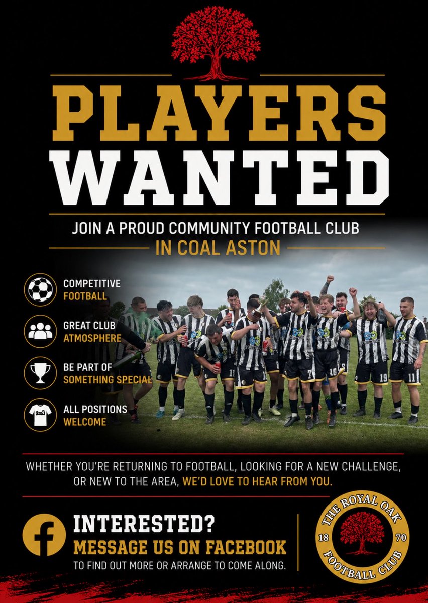dronfieldoak's tweet photo. PLAYERS WANTED 🌳

Looking for a new club? Returning to football after a break? Or simply want to be part of a team? 

Come and be part of a growing club with big ambitions on and off the pitch.

📩 Message us for more information or to arrange to come along to training. https://t.co/WOQT4B02n2
