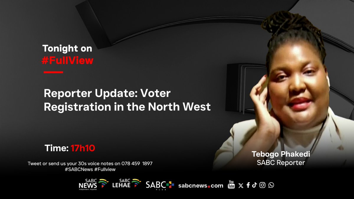 SABCNews_TV's tweet photo. [STILL TO COME] On #FullView Tebogo Phakedi, SABC Reporter gives us the voter registration from the North West. #SABCNews https://t.co/8IWiuEnZmE